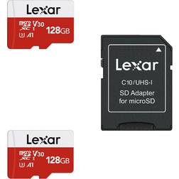 LEXAR E-Series 128GB Micro SD Card[2 Pack] MicroSDXC Flash Memory Card with Adapter Up to 100MB/s, U3, V30, A1, C10, UHS-I, 4K UHD, Full HD, High Speed TF Card for Phone, Tablet, Drone and Camera